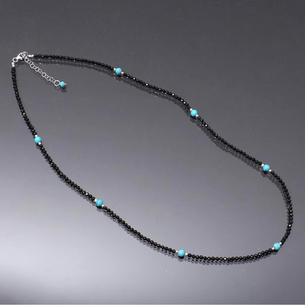 Black Spinel And Turquoise 925 Sterling Silver Necklace With Adjustable Chain - Picture 2 of 6